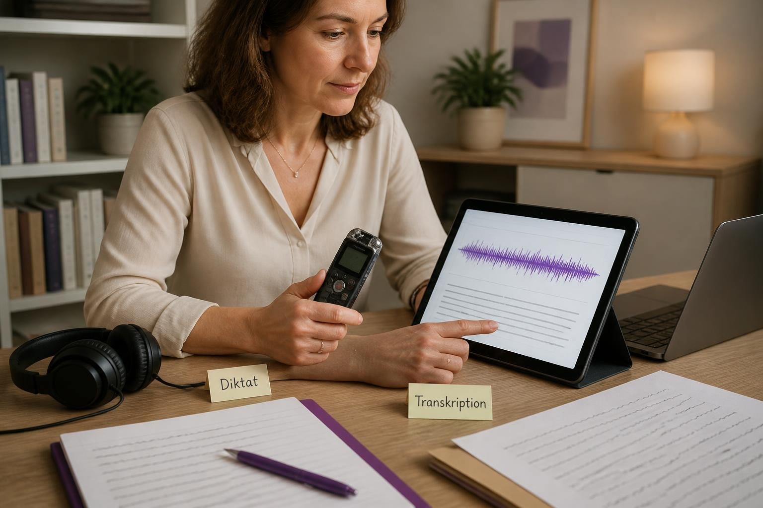 Therapeutin demonstriert Diktat und Transkription: Recorder, Laptop und Tablet mit schematischen Platzhalter-Texten, Praxiseinsatz von KI-Tools.