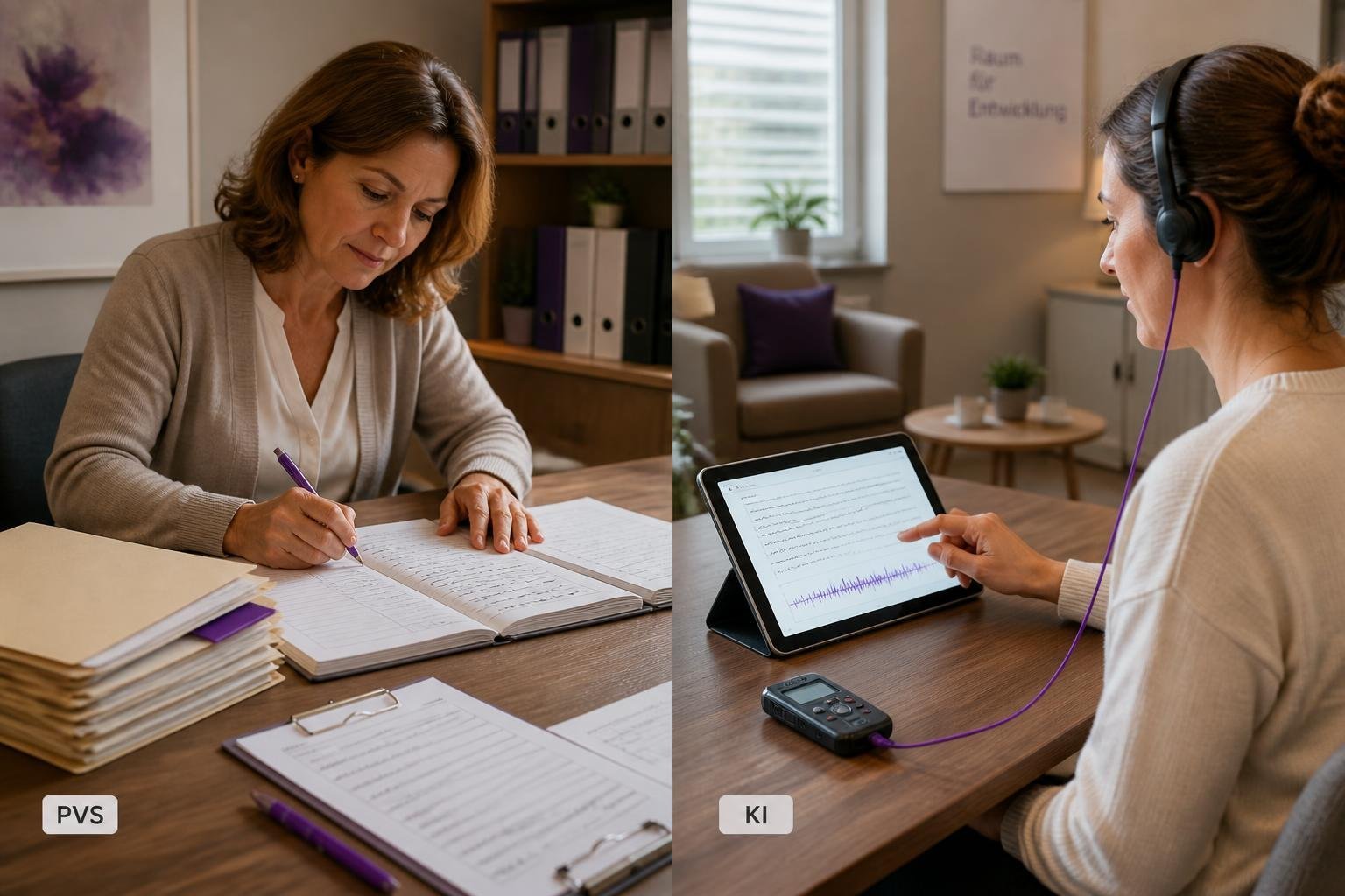 Zweigeteiltes Bild: links PVS mit Abrechnung und Akten, rechts KI-gestützte Transkription auf Tablet — Vergleich der Systemtypen.