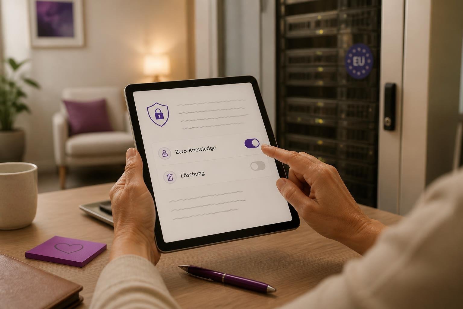 Therapeutin stellt Verschlüsselung und Löschoptionen am Tablet ein, Server mit EU‑Hinweis im Hintergrund; Thema Zero‑Knowledge vs. Löschung.