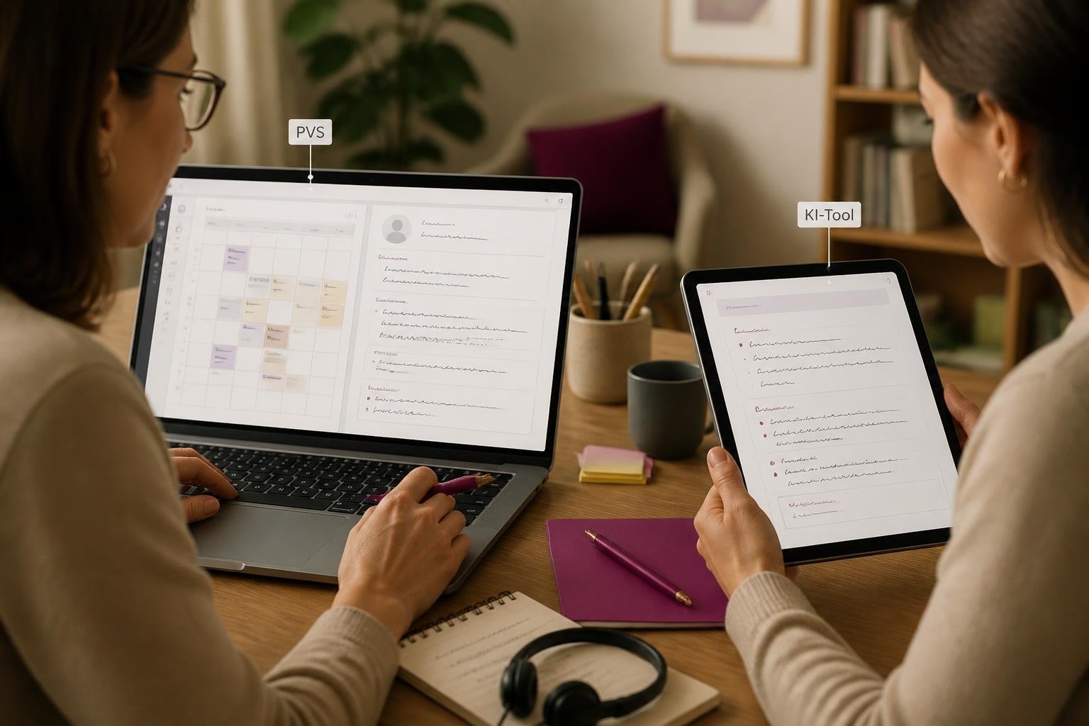 Therapeutin am Laptop mit Kalender und Patientendaten (Platzhaltertext), daneben Tablet mit dem Hinweis ‚KI‑Tool‘.