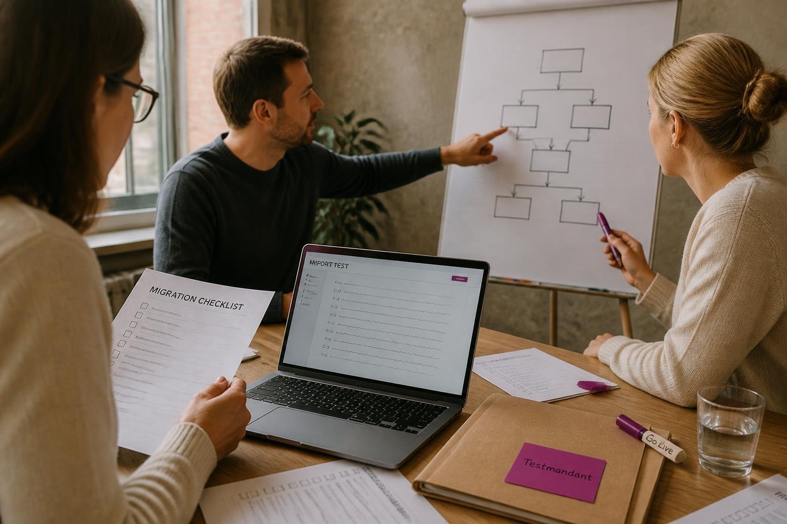 Team prüft Migrations‑Checkliste: Laptop mit Testmandant, Flipchart-Flowchart und Notizen, sichtbare ‚Go‑Live‘-Markierung.